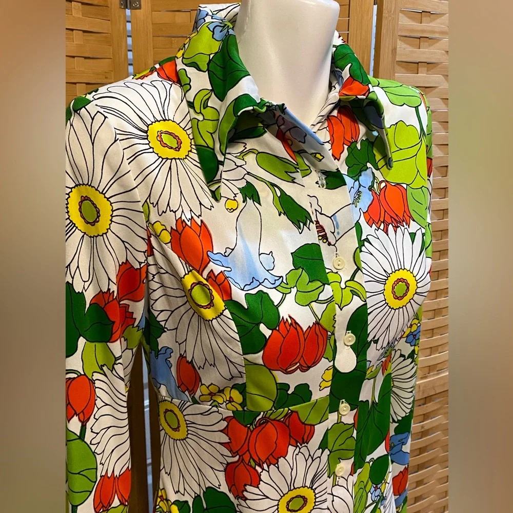 Vintage Anika Mod Flower Power Long Sleeve Maxi Dress Sz M Dagger Collar - Picture 6 of 14